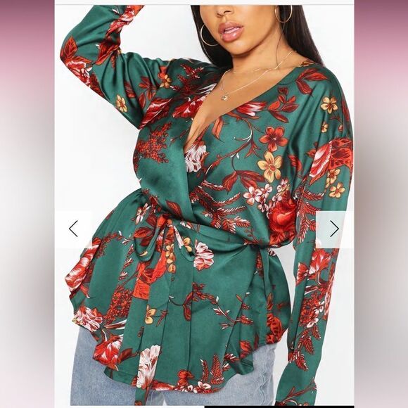 BOOHOO PLUS FLORAL PRINT WRAP TOP TEAL 16 NWT IN PKG - Picture 1 of 7